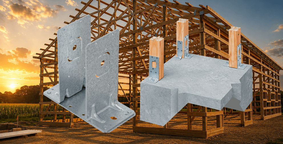 Wood-framed building under construction at sunset with exposed trusses and beams. Overlaid illustrations show metal connectors and post bases anchoring wood columns to a concrete foundation system.