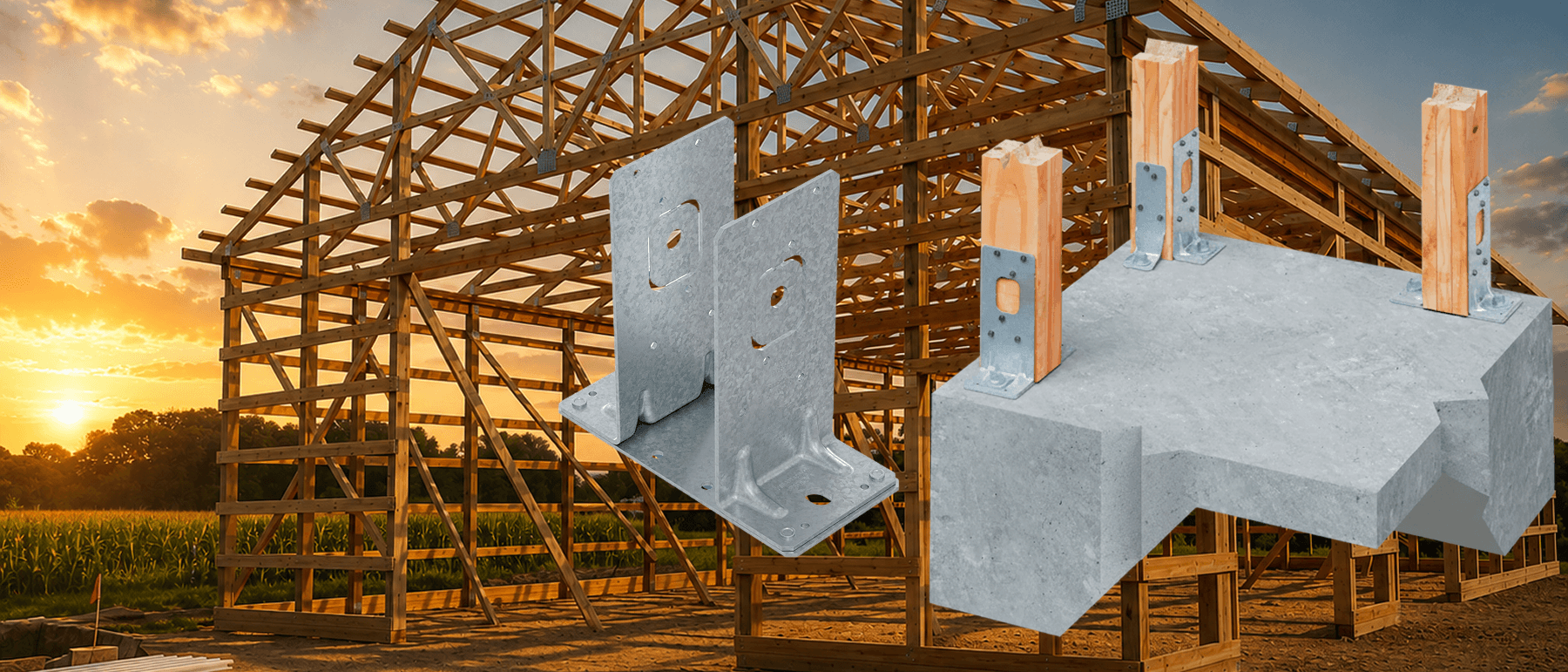 Wood-framed building under construction at sunset with exposed trusses and beams. Overlaid illust
                                rations show metal connectors and post bases anchoring wood columns to a concrete foundation system.
