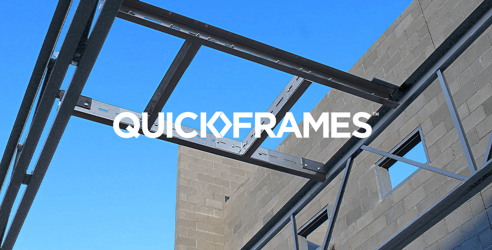 Steel framing system installed between masonry walls, showing interconnected metal beams against a blue sky, with overlaid text reading “QuickFrames”.