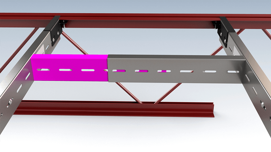 A 3D-rendered illustration of a QuickFrames support system, showing a steel frame with a purple component inserted for structural reinforcement.