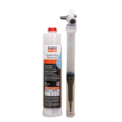 Simpson Strong-Tie Crack-Pac Flex-H2O, a polyurethane crack sealer cartridge with an applicator nozzle for concrete crack repair and moisture control.